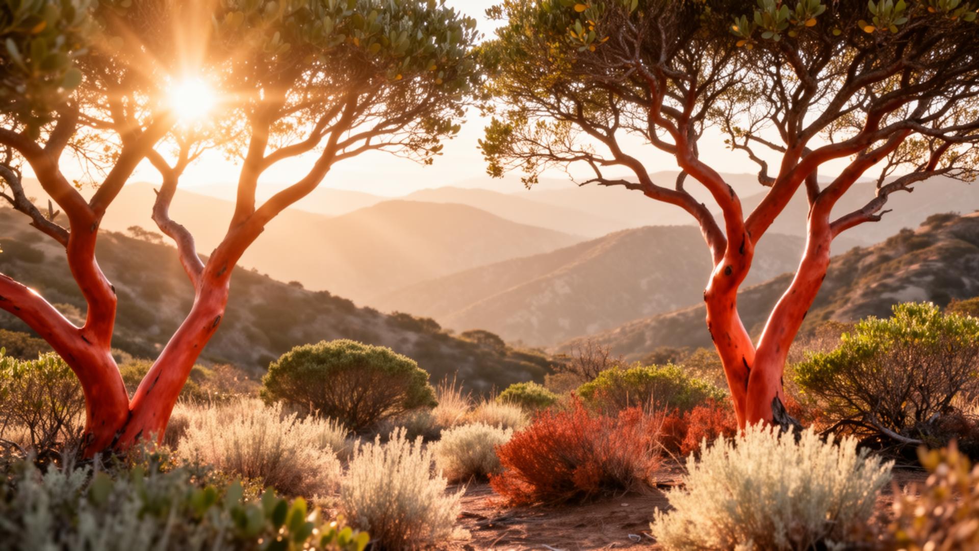 San Diego manzanita chaparral at sunrise with golden sun rays through native trees